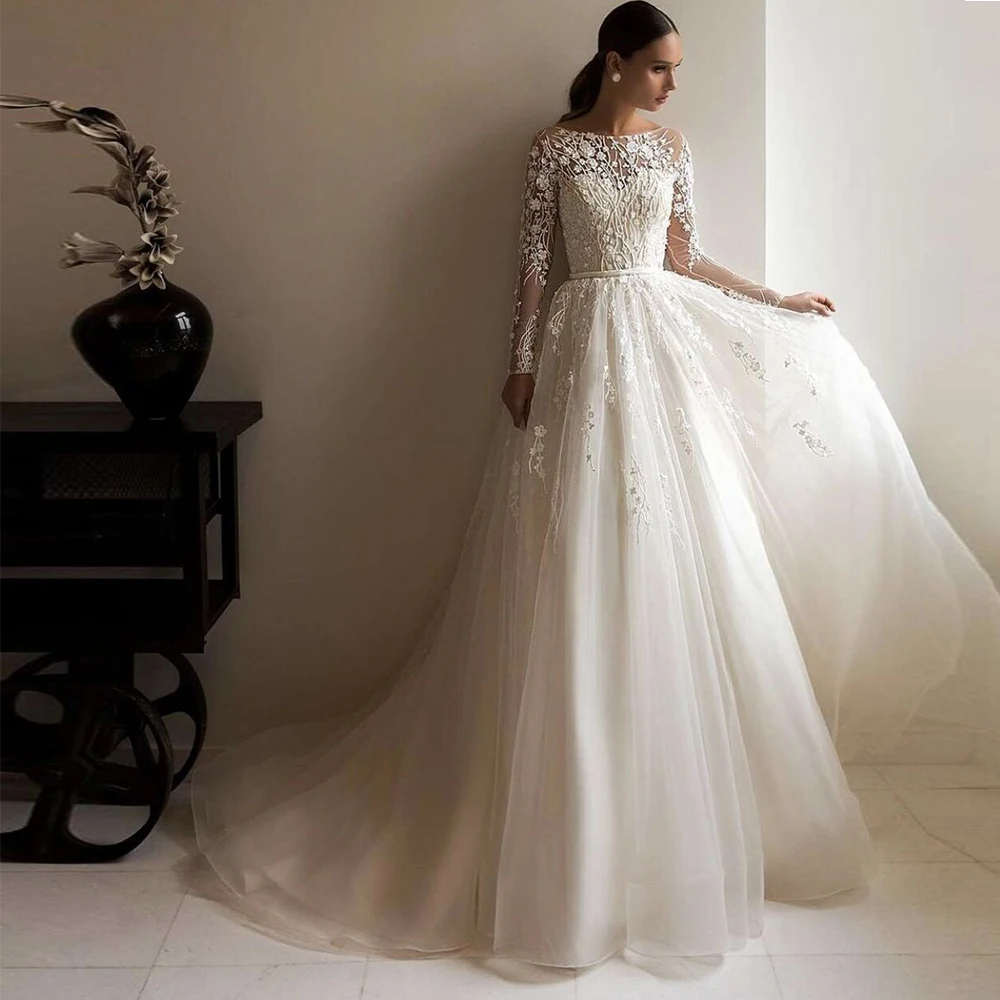

Boho Wedding Dress For Bride 2022 O-Neck Long Sleeves Zipper Bridal Gowns Vintage Lace Appliques Vestido De Noiva Custom Made