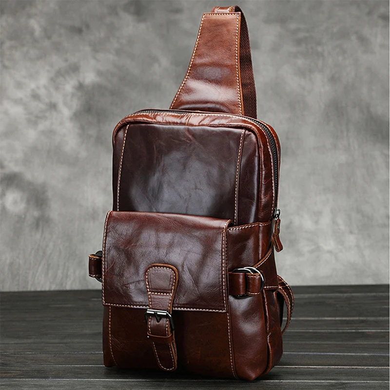 

Travel Pack Quality Oil Capacity Top Leather Chest Day Genuine Messenger Sling Pack Large Bags Men Cowhide Shoulder Wax Back
