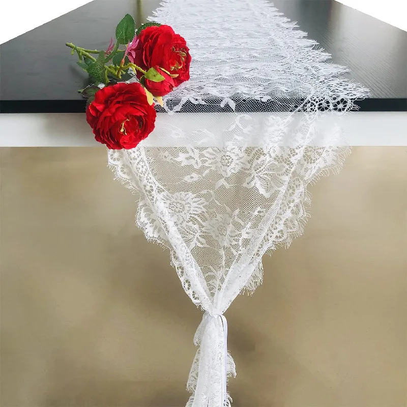 

New Trendy White Lace Table Runner Vintage Boho with Floral for Chair Sash Wedding Rustic Marriage Decors Dinners Bridal Shower