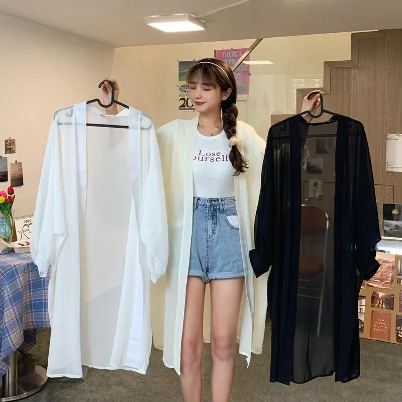 Длинная женская летняя тонкая свободная прозрачная Солнцезащитная куртка с