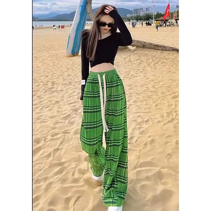 

High Waisted Green Plaid Wide Leg Pants For Women's Summer Thin New Loose Straight Tube Drape Feeling Versatile Trend Casual Pan