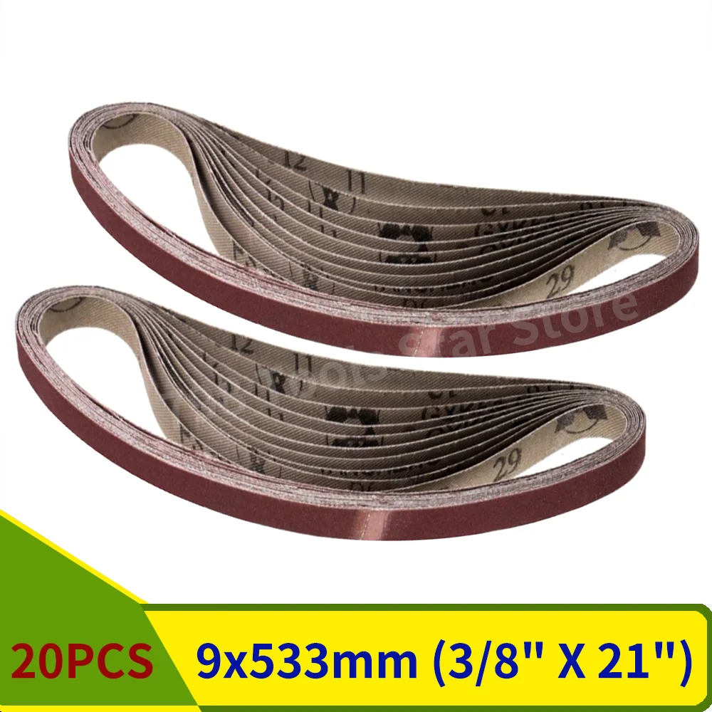 

20 шт. 3/8 x 21-дюймовые шлифовальные ленты для пневматической шлифовальной машины, абразивная лента 9 x 533 мм для дерева, ленточная шлифовальная машина из оксида алюминия, зернистость 40-1000