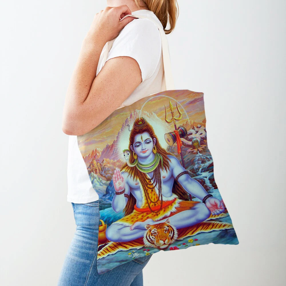 

Indian Mythology Cartoon Casual Women Shopping Bags Both Sides Shiva Ganesha Shopper Bag Canvas Lady Travel Tote Handbags