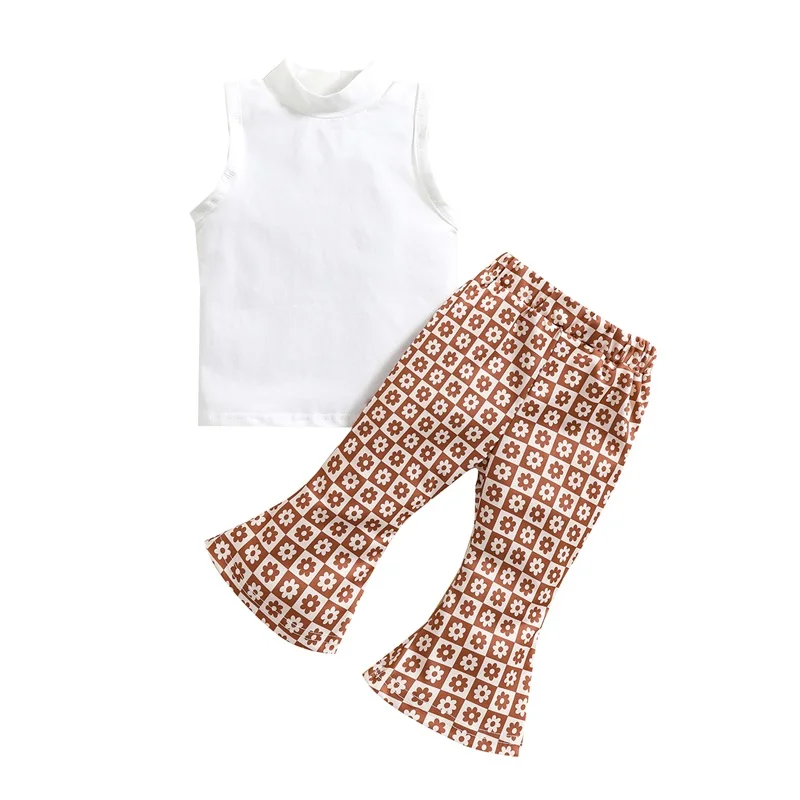 

Kids Girls Summer 2Pcs Outfit Sets Toddler White Sleeveless O Neck Vest + Floral Flared Pants Clothes Set