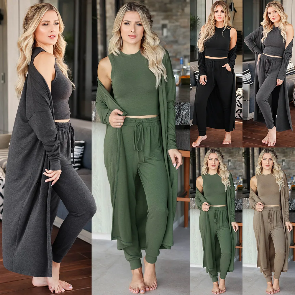

Autumn Winter Women 3 Pieces Sets 2022 New XL Long Coat Crop Tank Tops And High Waist Drawstring Pencil Pants Fashion Set Hot