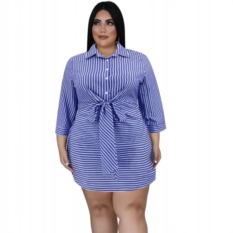 

Blue Striped Sexy Shirt Dress Women Spring Summer New Button Bow Mini Short Dress Big Size Blouse African Clothes Vestidos 5XL