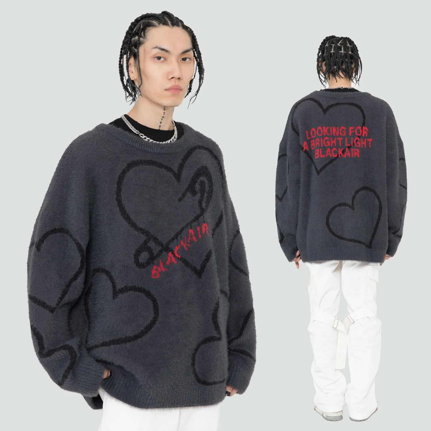 

Fashion Oversized Men Women Streetwear Heart-Shaped Paperclip Knitted Sweater 2021 Autumn Casual Knitwear Loose Pullover Mohair