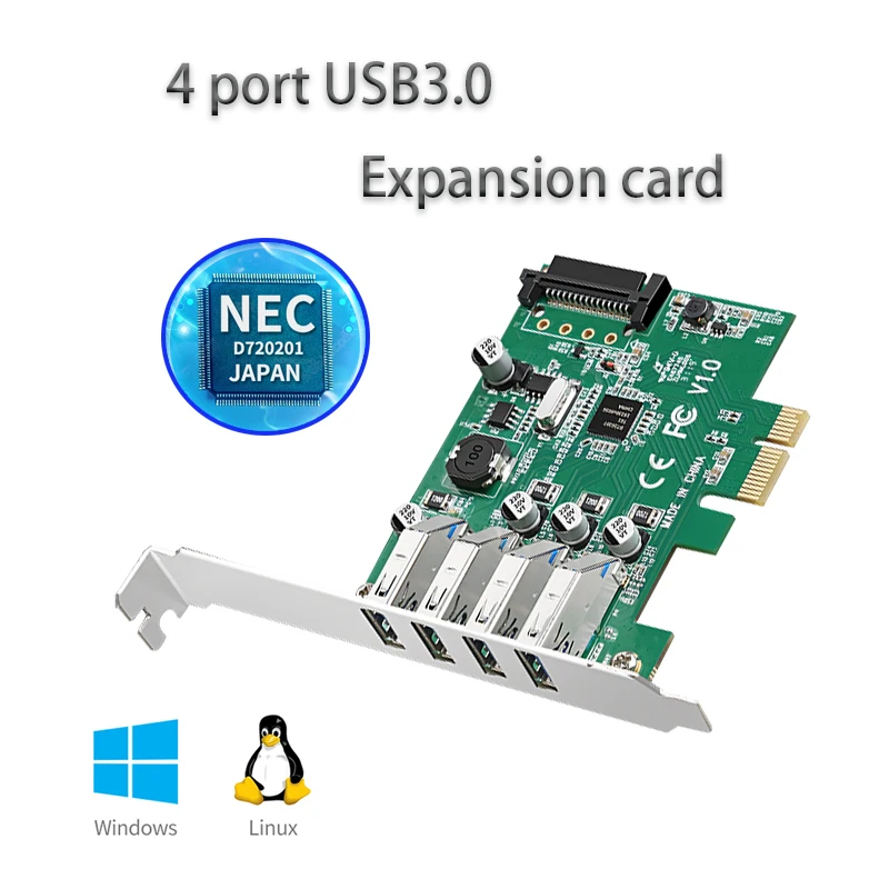 

USB3.0 Hub PCI Express Expansion Card PCIE Port PCI-E Riser Card Adapter SATA Power 4-Port USB3.0 For Desktop PC 5 Gbps Speed