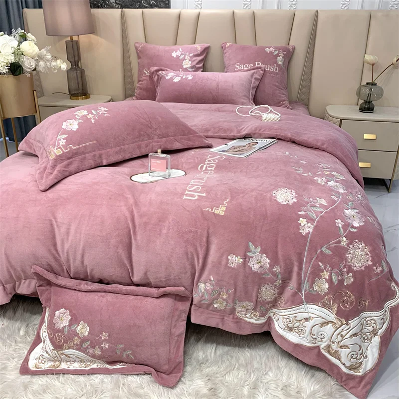 

Luxury Flowers Embroidery Shaggy Velvet Fleece Bedding Set Soft Warm Duvet Quilt Cover Bed Linen Pillowcases Home Textiles