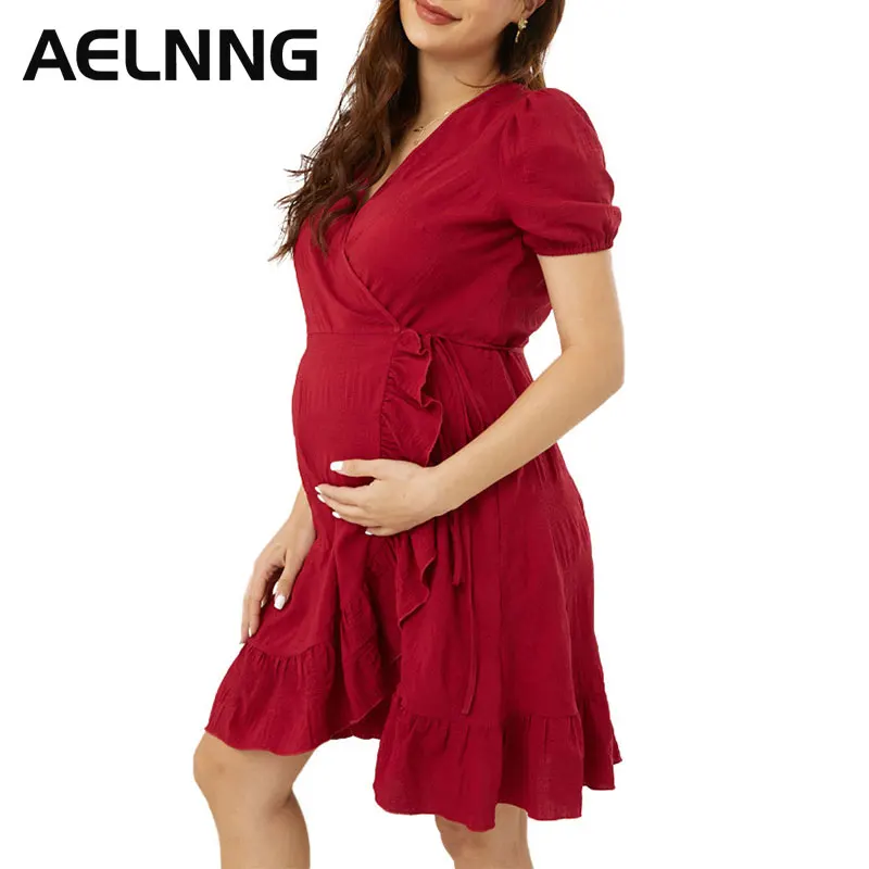 Maternity Clothes Summer Woman Breastfeeding Dresses Fashion Irregular Ruffles Dress Red Pregnant Belted Knee Length Skirt 8899