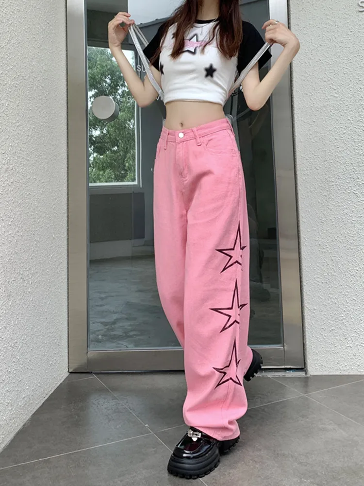 American Vintage Loose Straight Embroidered Jeans For Women High Waist Pink Cowboy Full Length Casual Wide Leg Pants 2023 New