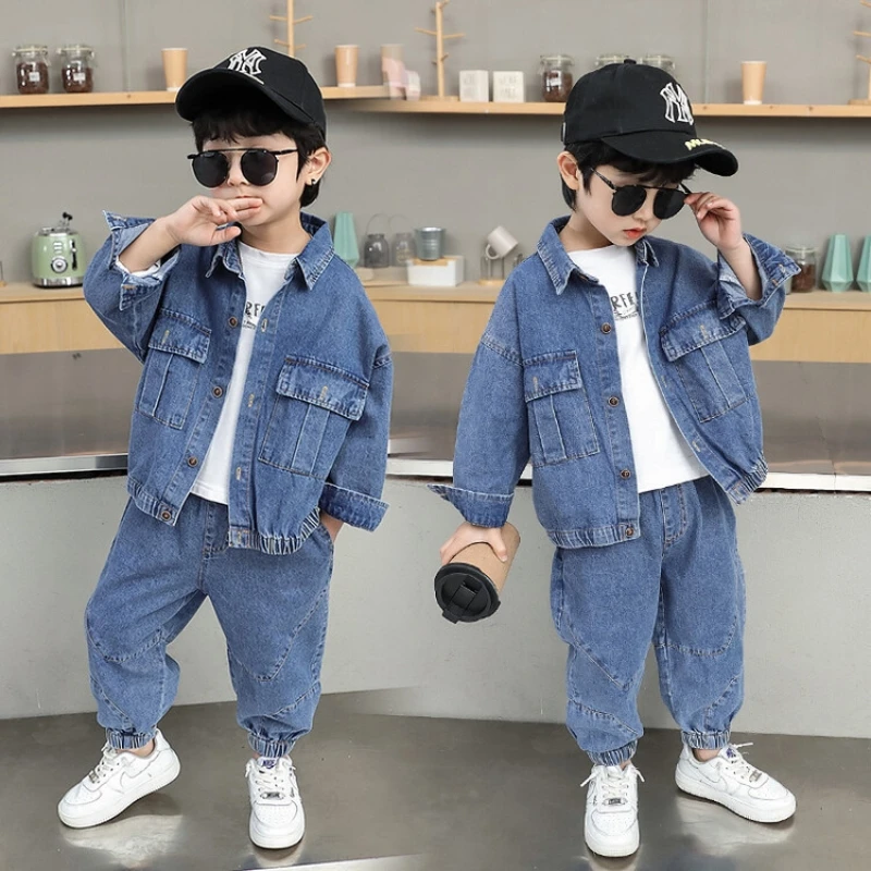 

Boys Coat + Trousers Cotton 2PCS/Set Kids Sport Suits 2023 New Jean Spring Autumn Plus Size Teenagers Children Sets