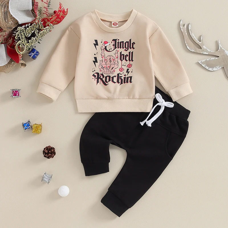 

Toddler Boys Fall Outfits Letter Skull Print Crew Neck Long Sleeve Sweatshirts and Long Pants 2Pcs Clothes Set