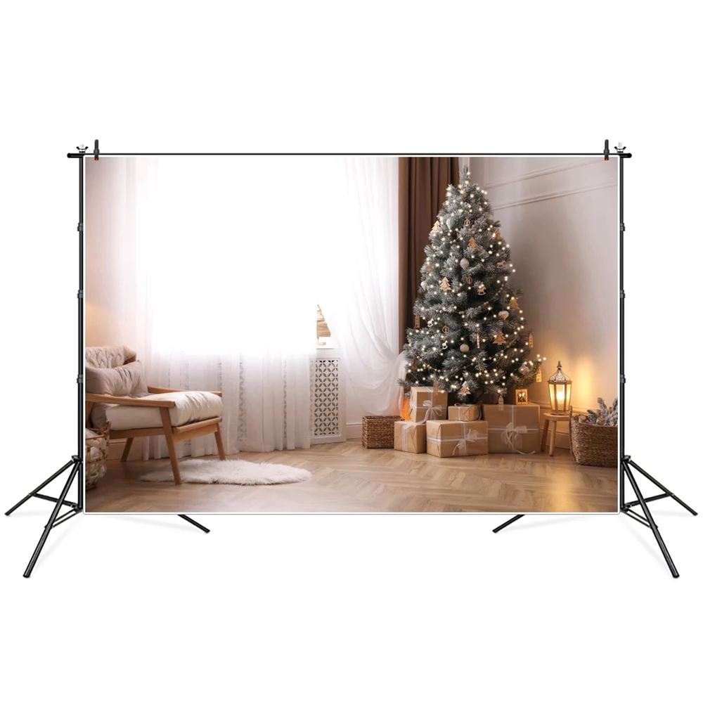 

Christmas Tree Gifts Curtain Window Room Interior Photography Backdrops Custom Baby Party Decoration Photo Booth Backgrounds