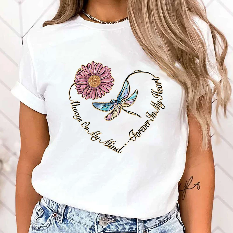 

(Premium T-shirt)Dragonfly Always On My Mind Forever In My Heart Print T-Shrits For Women Summer Short Sleeve Round Neck tops