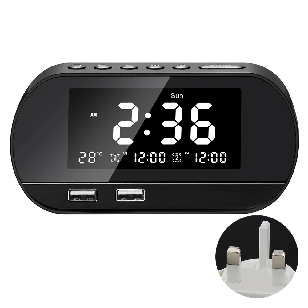

Phone Charger Electronic Digital Home Alarm Clock FM Raido Adjustable Brightness LCD Display Large Screen Perpetual Calendar