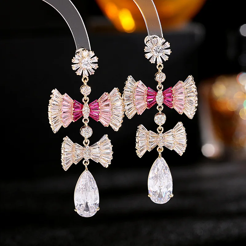 

S925 Silver Needle Super Flash Cz Earrings Long High-end Earrings Bow Water Drop Earrings for Women Wholesale Birthday Gift