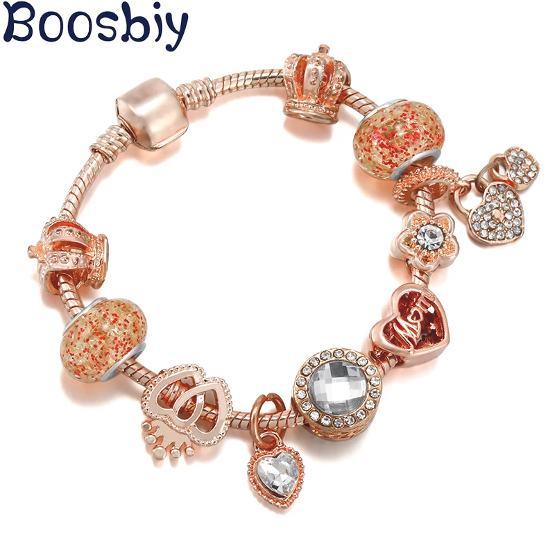 

Boosbiy кристалл, розовое золото, любовь для мам, браслет с бусинами в форме сердца, подвеска, подходит для брендовых ювелирных изделий, подарок ...