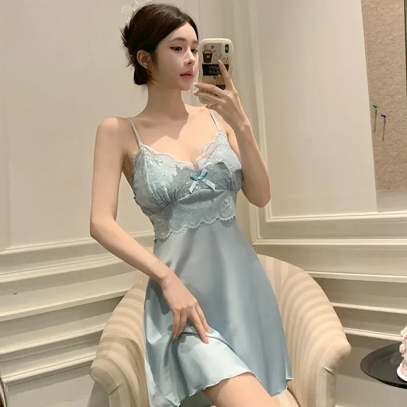 Women's Summer Ice Silk Thin Section Sexy Pure Desire Aesthetic Tank Sleep Dress Comfortable Homewear With Chest Pad