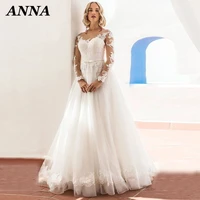 anna beauty wedding dress 2022 glamorous illusion o neck appliques bow sash seeep train long sleeve vestido de novia custom made
