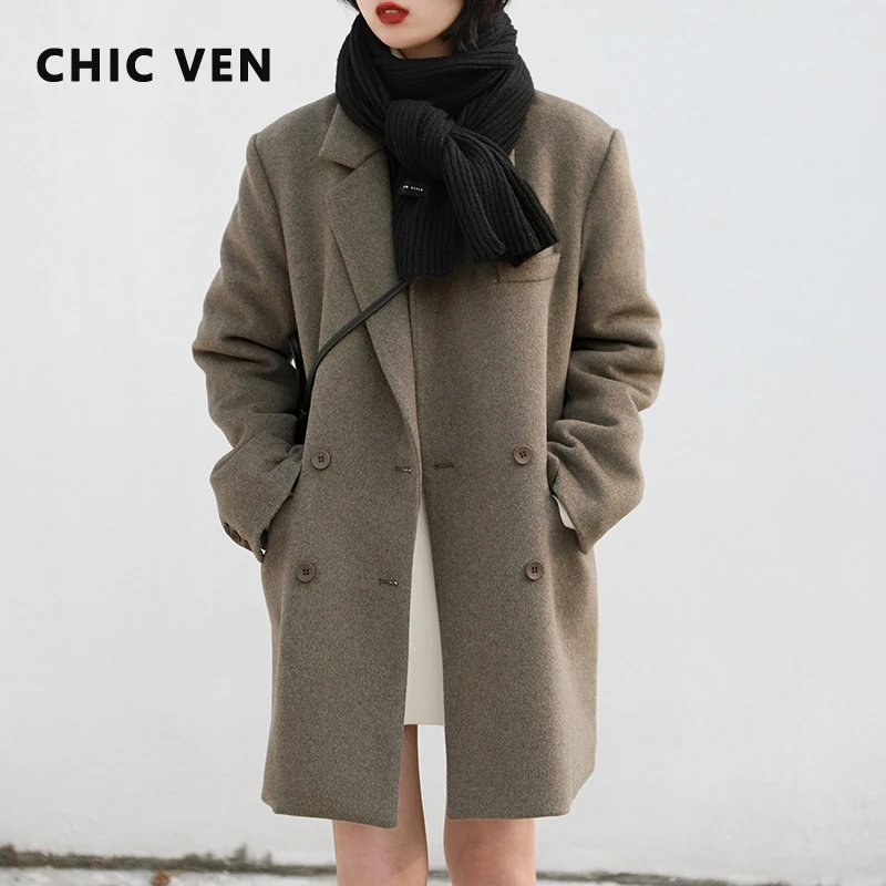 

CHIC VEN Women Woolen Coat Solid Retro Clip Cotton Double-breasted Long Thick Warm Winter Women's Overcoat Padded Office Lady