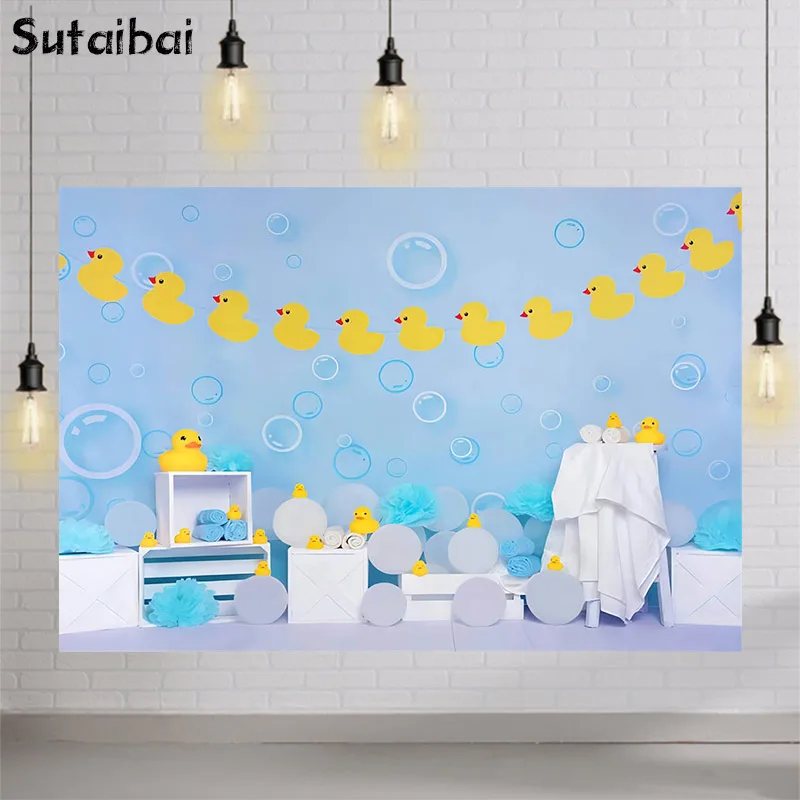 

Baby Shower Backdrop Interior Blue Sea Bubble Yellow Ducks Newborn Milk Bath Photography Background for Photo Studio Props