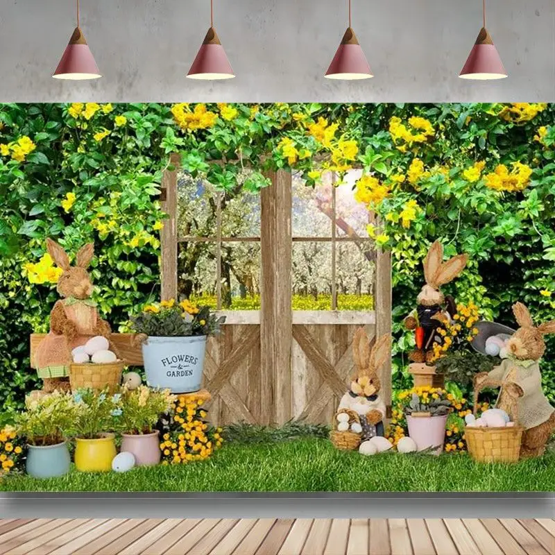 

Spring Backdrop Rustic Wooden Door Rabbit Eggs Green Grass Flowers Photo Background Baby Shower Birthday Banner Studio Props