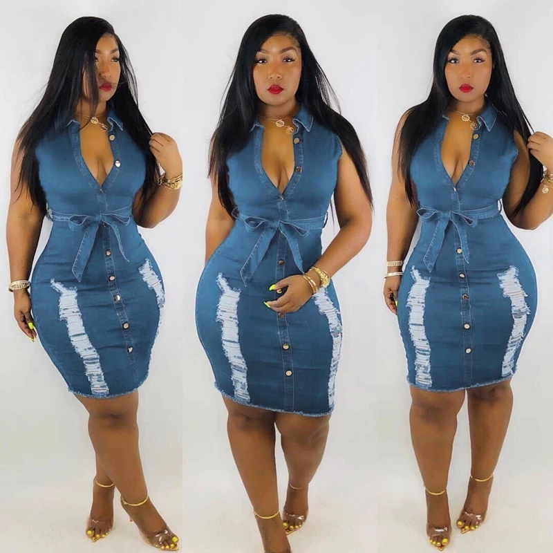 

Women Summer Sexy Sleeveless Washed Denim Dress Bodycon Mini Dress Vestidos 2021 Fashion Hole Ripped Jeans Dress Ladies Vintage