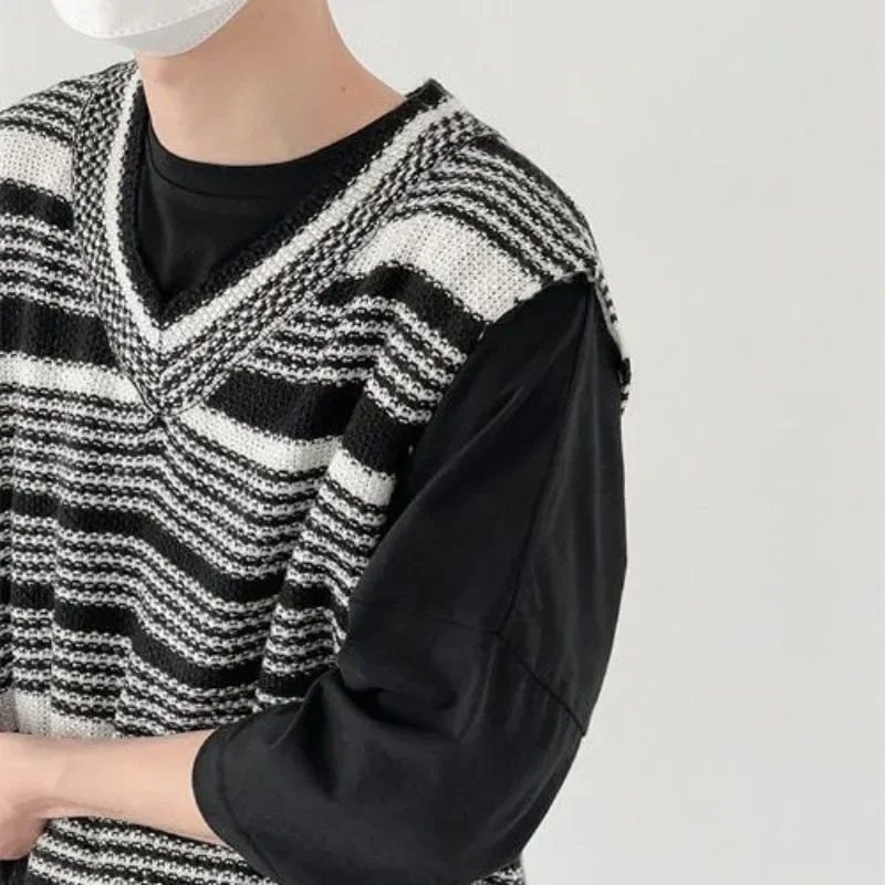 Полосатый вязаный свитер мужской жилет Мужская одежда синий без рукавов с