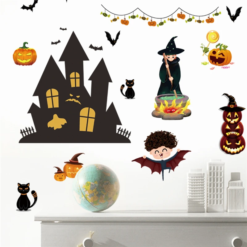 Наклейка на стену в виде тыквы кота ведьмы летучих мышей