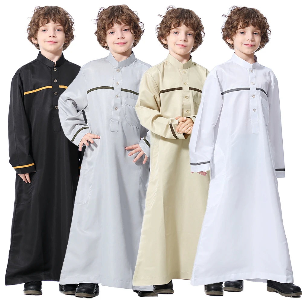 

2023 Muslim Robe Teenager Kids Saudi Arabia Pakistan Boy Thobe Middle East Long Sleeve Jubba Islamic Clothing Thobe Kaftan Dress