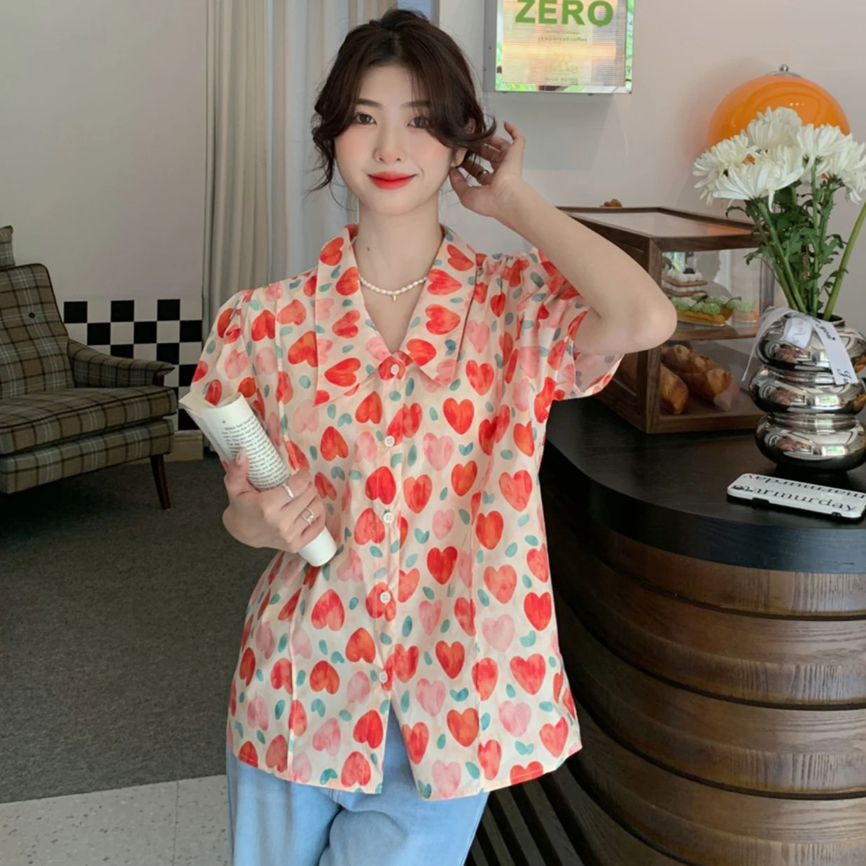 

Женская хлопковая рубашка с воротником-стойкой, винтажная Повседневная Свободная рубашка с рукавами-фонариками и принтом красных сердец в стиле прерий, Новинка лета