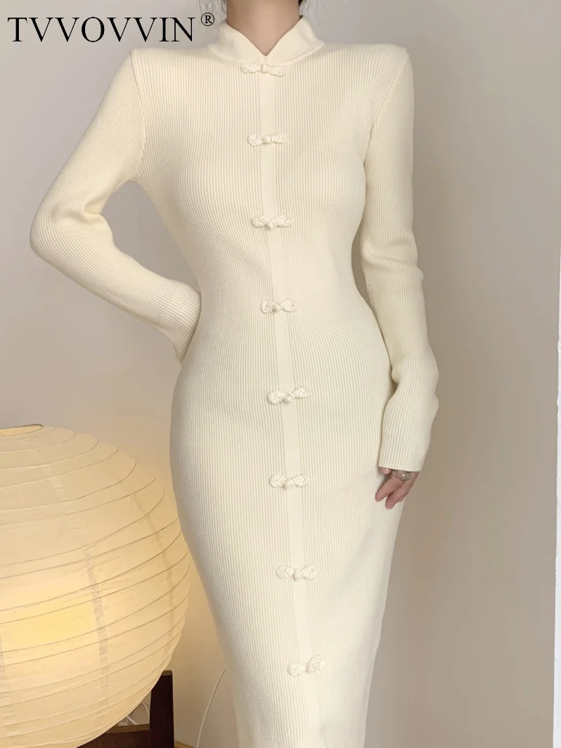 

Китайский длинный шерстяной свитер TVVOVVIN, длинное вязаное платье макси, на пуговицах, платья-Ципао, женское облегающее прямое зимнее платье, юбка 8