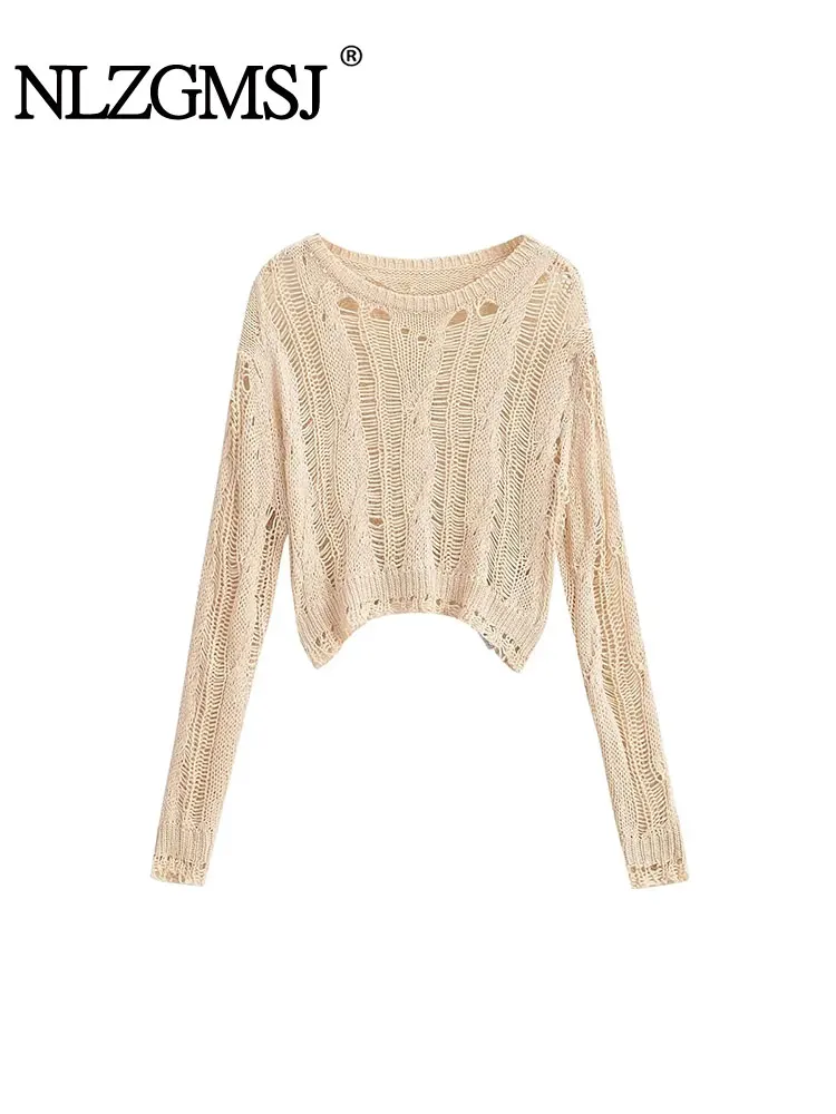 

ZaZevity TRAF Spring Autumn Hollow Out Sweater Women Jumper Thin Women Tops Vintage Chic Long Sleeve O Neck Pullover Female