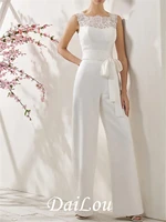 jumpsuits wedding dresses jewel neck floor length italy satin sleeveless simple modern with bows appliques