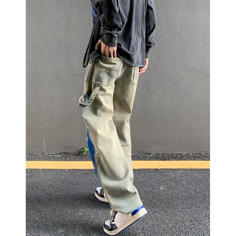 Men's Wear 2022 Vintage Casual Ripped  Jeans Yellow Mud Dyed Broad Leg Pants High Street Loose Straight Trousers Autumn Women