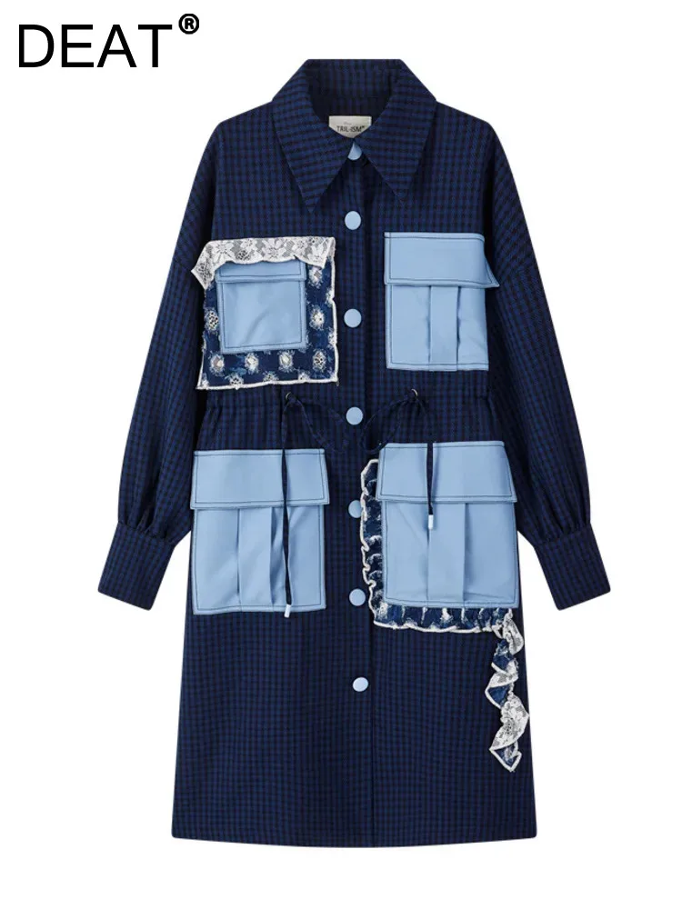 

DEAT Women's Trench Coat Patchwork Multiple Pockets Lace Drawstring Waist Plaid Long Windbreak 2023 Autumn New Fashion 29L5171