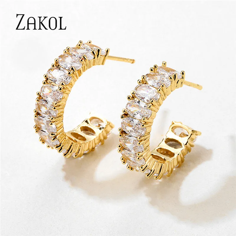 ZAKOL модные AAA багет кубического циркония T обруч с камнем Серьги для женщин Мода Круг Свадебные аксессуары EP2486