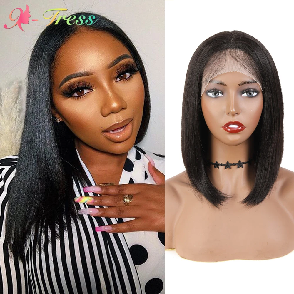 

X-TRESS Synthetic Lace Wigs Short Straight Bob Wig for Black Women Darker Brown Middle Part Lace Hair Wig with Natural Hairline
