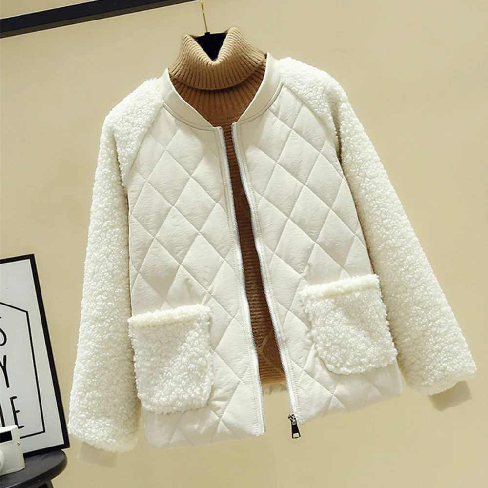 

Women's Parkas Lightweight Short Winter Jacket Lady Patchwork Plush Lambs Cashmere Stitching Jacket Female Cotton Padded Outcoat