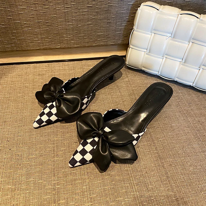 

2022 Summer Women's Shoes Casual Slippers Baotou Plaid Party Low Heel Bow Shallow Mouth Fashion Women's Sandals Zapatillas Mujer