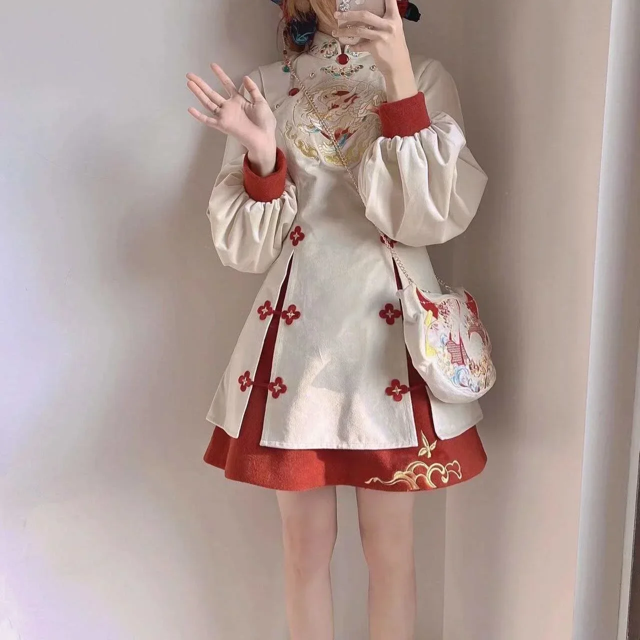 Осенне-зимнее женское Красное приталенное платье с длинным рукавом в китайском