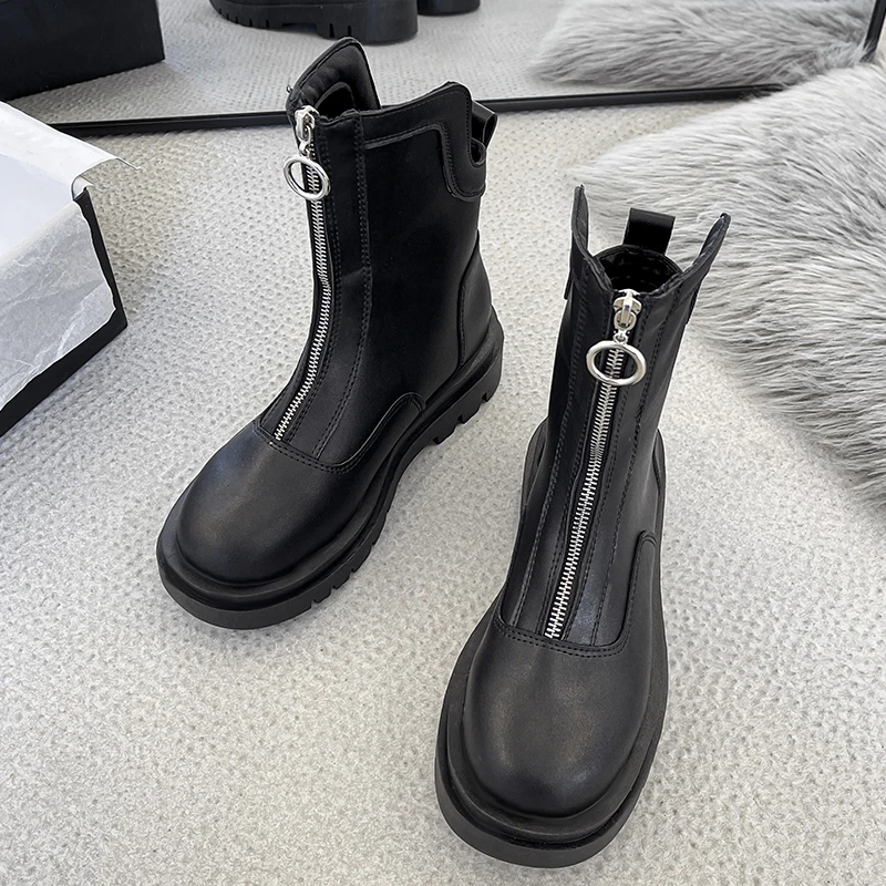 Женские осенние ботильоны кожаные ботинки Martin на платформе с молнией спереди