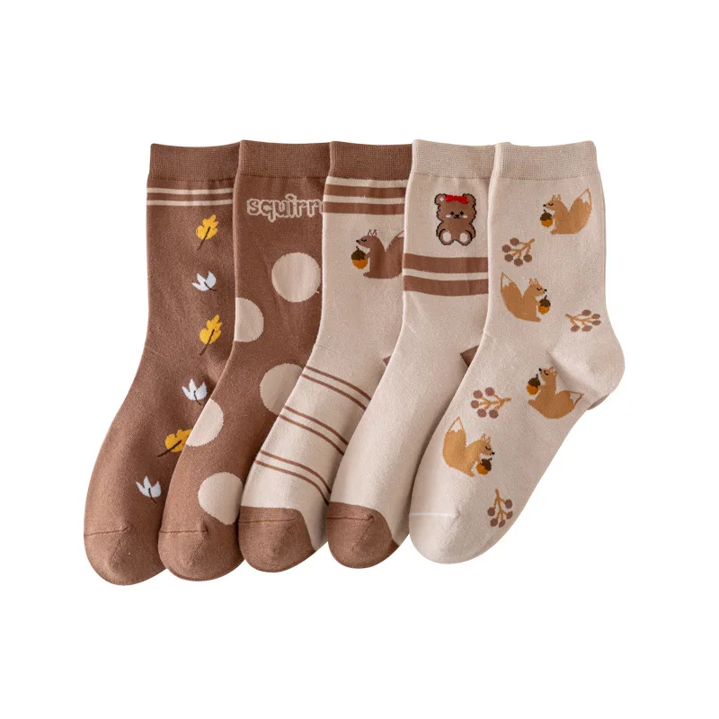 10 Pairs Coffee Color Women Sock Cotton Thin Summer Fashion Flower Design Japanese Carton Student Style