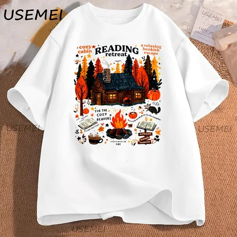 USEMEI Футболка женская хлопковая  Cozy Cabin Reading Retreat — пример использования