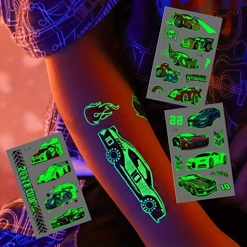 6 листов светящиеся гоночные автомобили принадлежности временные татуировки для