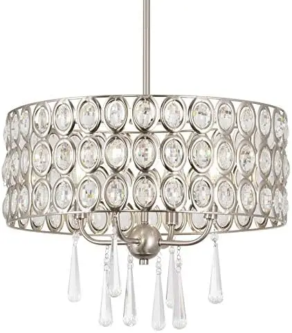 

18" Modern Chic 4-Light Crystal Chandelier Pendant Light Fixture, Brushed Nickel Finish Candles Ceiling led light House decorati