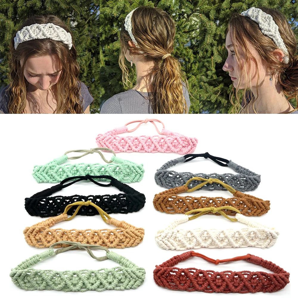 

Bohemia Crochet Headbands For Women Floral Knit Elastic Hair Band Hair Accessories Cotton Rope Woven Handmade Chic Hairbands DIY