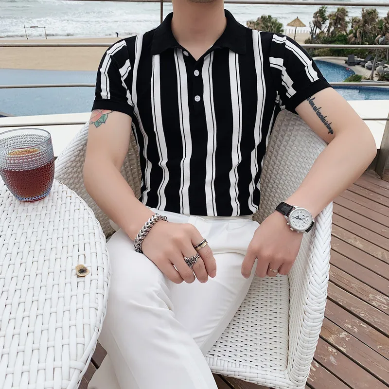 

Summer Men's Ice Silk Short Sleeve Striped T-Shirt British Slim Lapel Knit Casual POLO Shirt Best Men's Clothing Free Shipping