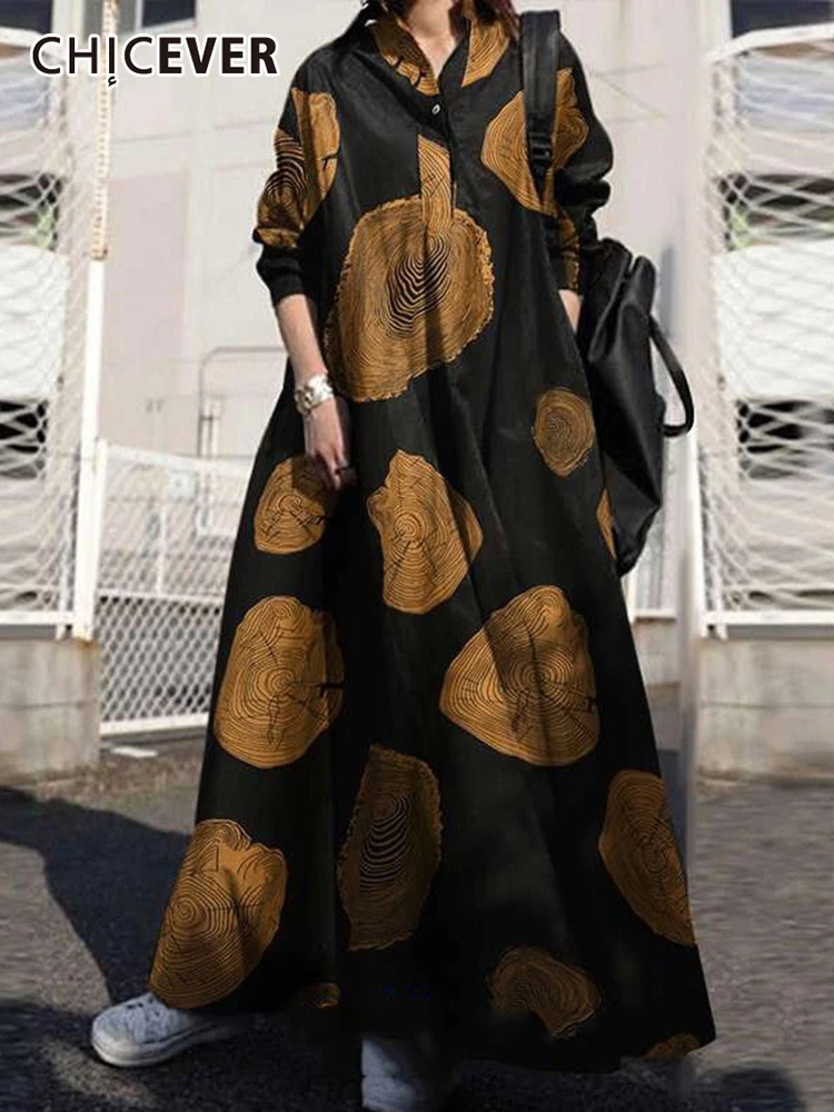 

CHICEVER Повседневное платье с принтом для женщин, воротник с лацканами, длинный рукав, высокая талия, свободные, большие цвета, платья, женская ...